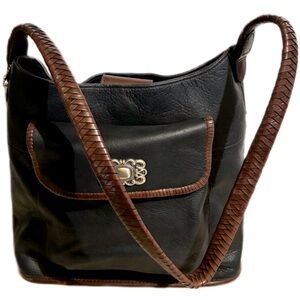 Vintage Y2K 90s FOSSIL Black Leather Western Shoulder Bag Purse Rope Woven Strap
